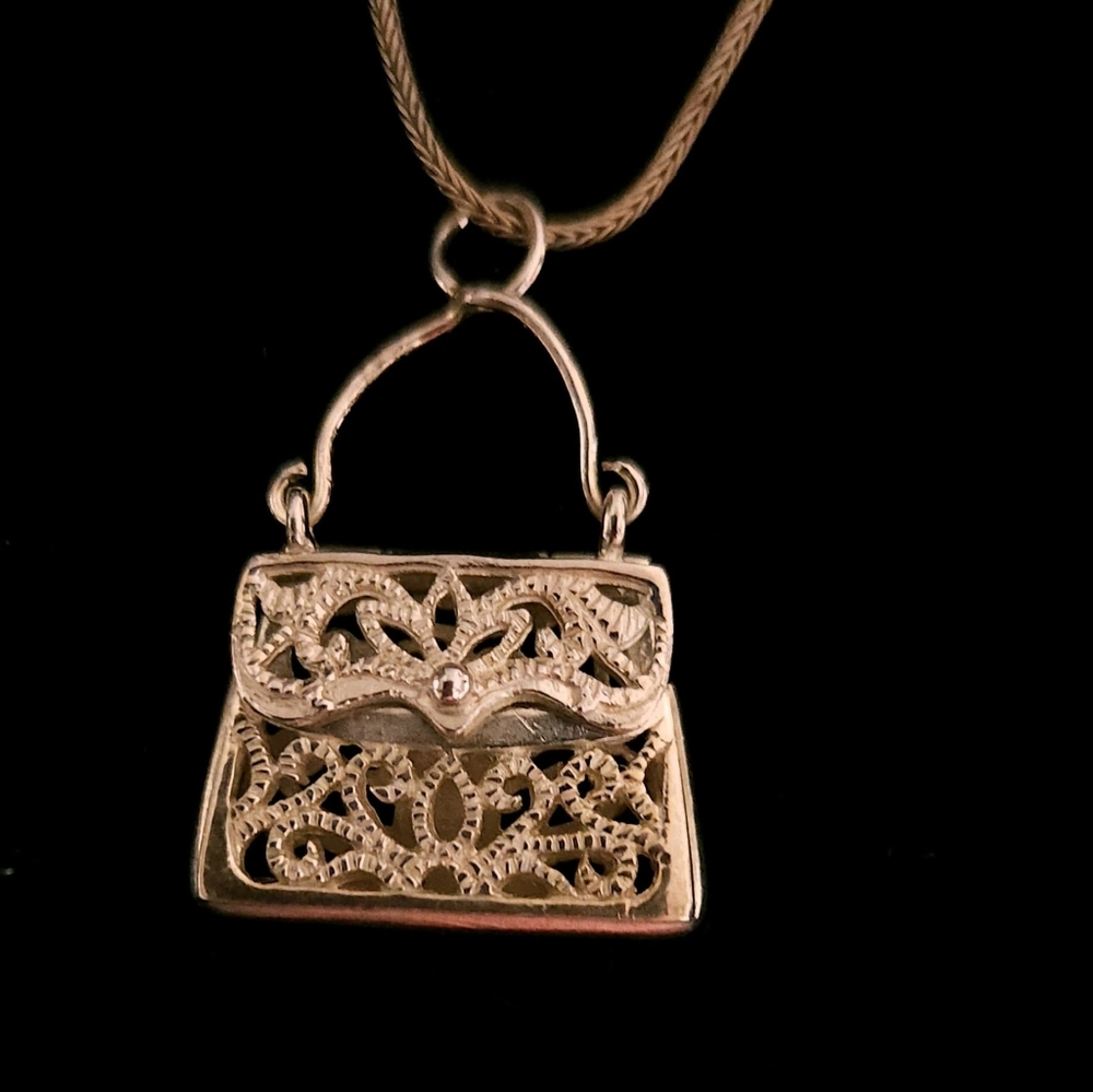 Vintage Sterling Silver 90s Filigree Miniture Handbag Necklace